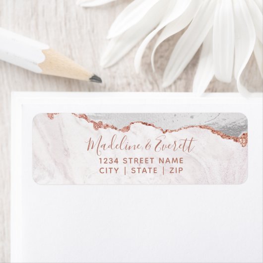 White & Rose Gold Agate Hochzeit Rücksendeadresse (Insitu)