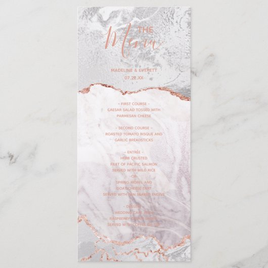 White & Rose Gold Agate Marble Foil Hochzeitsmenü Menükarte (Vorderseite)