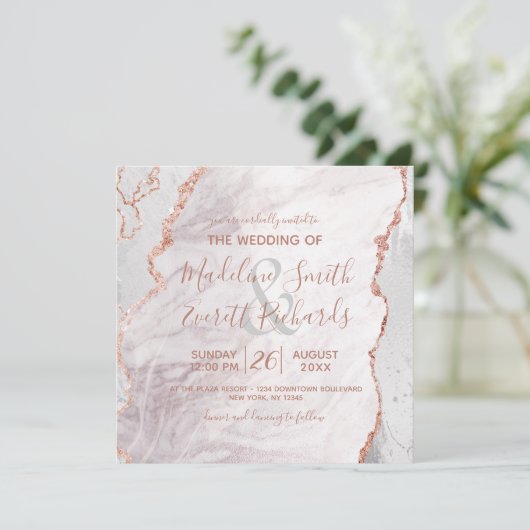 White & Rose Gold Agate Marble Foil Square Hochzei Einladung (Stehend Vorderseite)