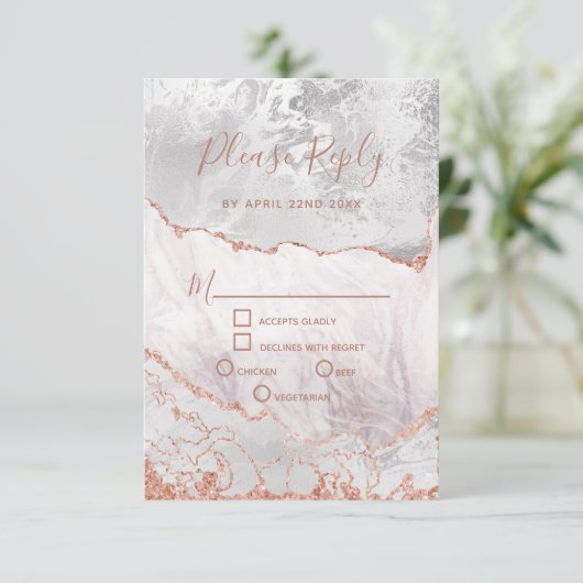White & Rose Gold Agate Marmor Hochzeit RSVP Antwo (Stehend Vorderseite)
