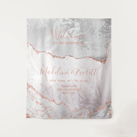 White & Rose Gold Agate Marmor Hochzeit Willkommen Wandteppich (Vorderseite)