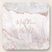 White & Rose Gold Agate Marmor Wedelmonogramm Getränkeuntersetzer (Vorderseite)