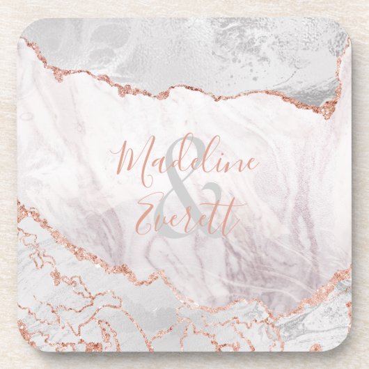 White & Rose Gold Agate Marmor Wedelmonogramm Getränkeuntersetzer (Vorderseite)