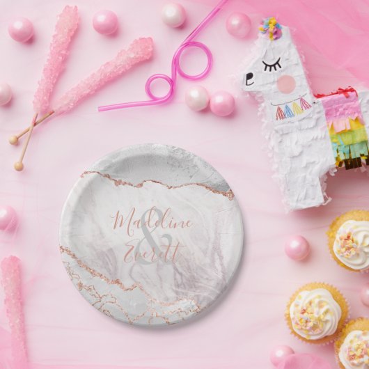White & Rose Gold Agate Marmor Wedelmonogramm Pappteller (Party)