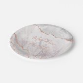 White & Rose Gold Agate Marmor Wedelmonogramm Pappteller (Schrägansicht)
