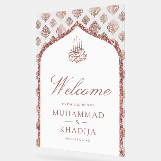 White Rose Gold Arch Muslim Wedding Welcome Acrylschild (Winkel)