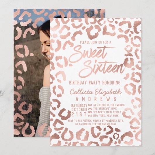 White Rose Gold Cheetah Leopard Sweet 16 Foto Einladung (Vorne/Hinten)