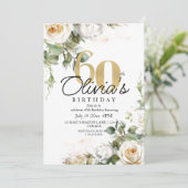 White Rose & Gold Dusty Elegant 60th Birthday Einladung (Stehend Vorderseite)