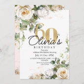 White Rose & Gold Dusty Elegant 60th Birthday Einladung (Vorne/Hinten)