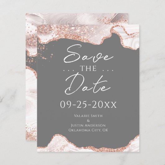 White Rose Gold Glitzer Agate Save the Date (Vorne/Hinten)
