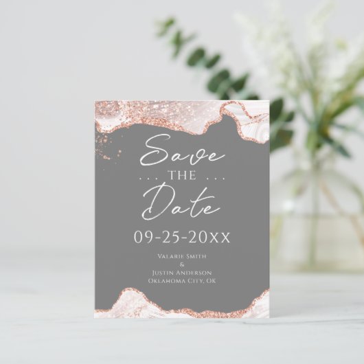 White Rose Gold Glitzer Agate Save the Date (Stehend Vorderseite)