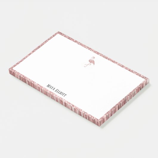 White + Rose Gold Glitzer Flamingo & Border Name Post-it Klebezettel (angewinkelt)