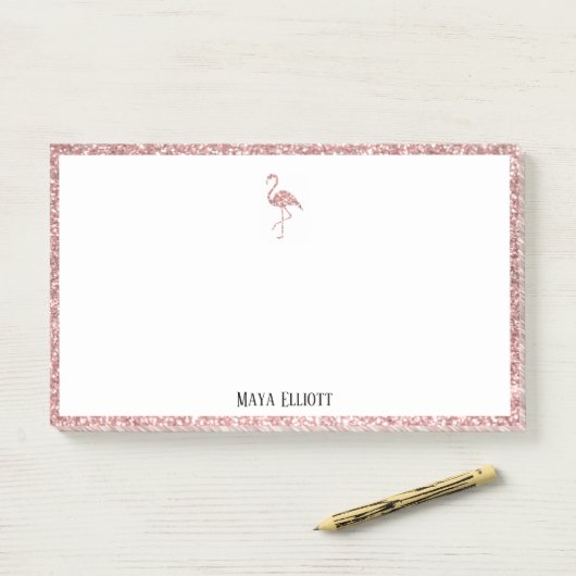 White + Rose Gold Glitzer Flamingo & Border Name Post-it Klebezettel (Auf Schreibtisch)