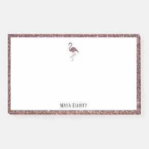 White + Rose Gold Glitzer Flamingo & Border Name Post-it Klebezettel