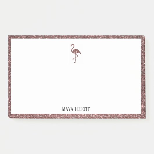 White + Rose Gold Glitzer Flamingo & Border Name Post-it Klebezettel (Vorderseite)