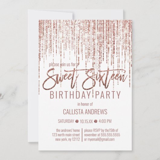 White Rose Gold Glitzer Fringe Vorhang Sweet 16 Einladung (Vorderseite)