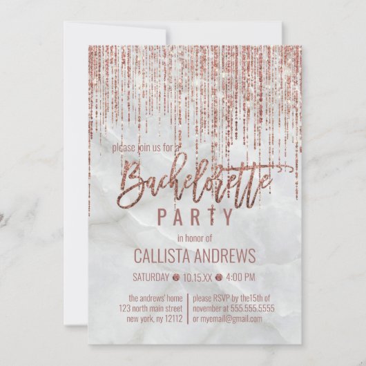 White Rose Gold Glitzer Pearl Marble Bachelorette Einladung (Vorderseite)
