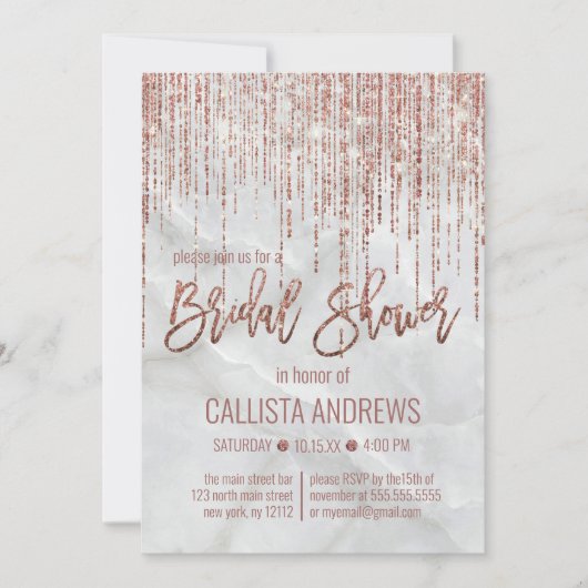 White Rose Gold Glitzer Pearl Marble Brautparty Einladung (Vorderseite)