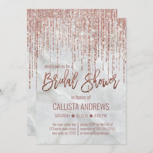 White Rose Gold Glitzer Pearl Marble Brautparty Einladung (Vorne/Hinten)