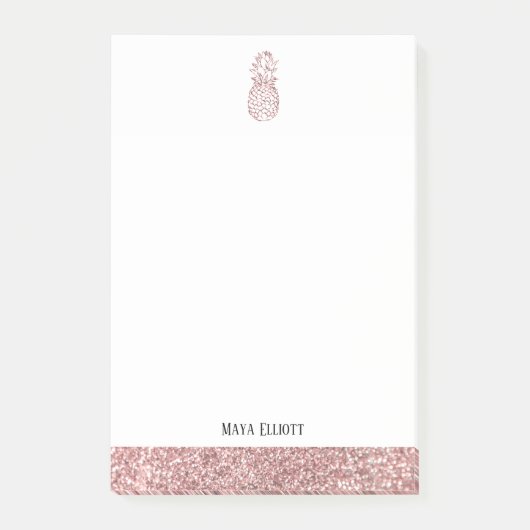 White + Rose Gold Imitate Glitzer Ananas & Border Post-it Klebezettel (Vorderseite)
