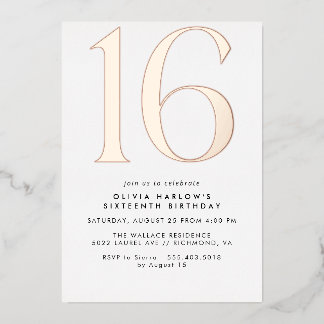 White & Rose Gold | Modern Minimal 16th Birthday Folieneinladung