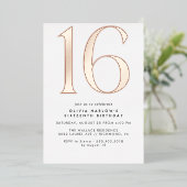 White & Rose Gold | Modern Minimal 16th Birthday Folieneinladung (Stehend vorne)