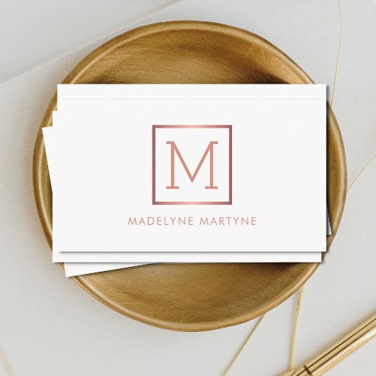 White Rose Gold Monogram Elegant Visitenkarte
