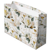 White Rose Gold Romantic Floral Wedding Große Geschenktüte (Rückseite Schrägansicht)