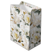 White Rose Gold Romantic Floral Wedding Mittlere Geschenktüte (Rückseite Schrägansicht)