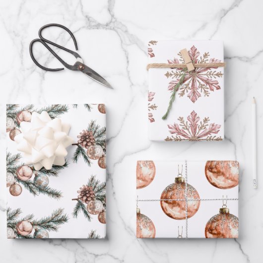 White Rose Gold Schneeflocken Ornamente Weihnachte Geschenkpapier Set (Vorderseite)