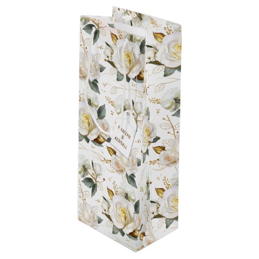 White Rose Gold Wedding Geschenktüte Für Weinflaschen (Vorderseite Schrägansicht)