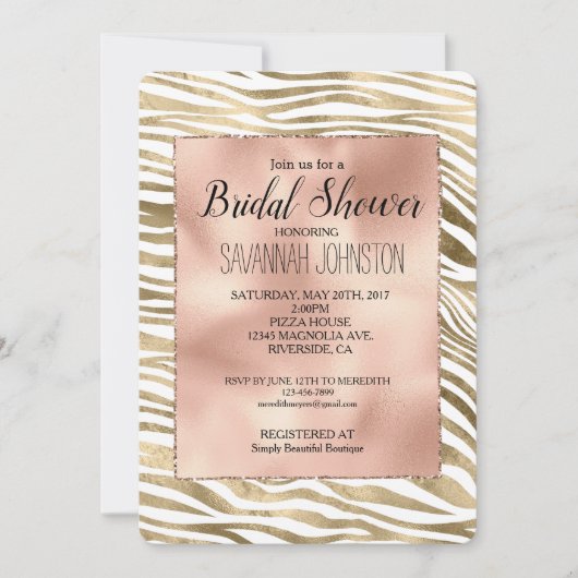 White Rose Gold Zebra Animal Brautparty Einladung (Vorderseite)