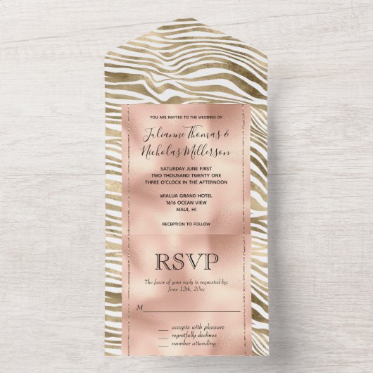 White Rose Gold Zebra Animal Print All In One Einladung (Innen Boden)