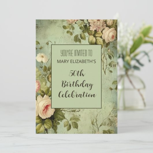 White Rose Greenery BIrthday Party Einladung (Stehend Vorderseite)