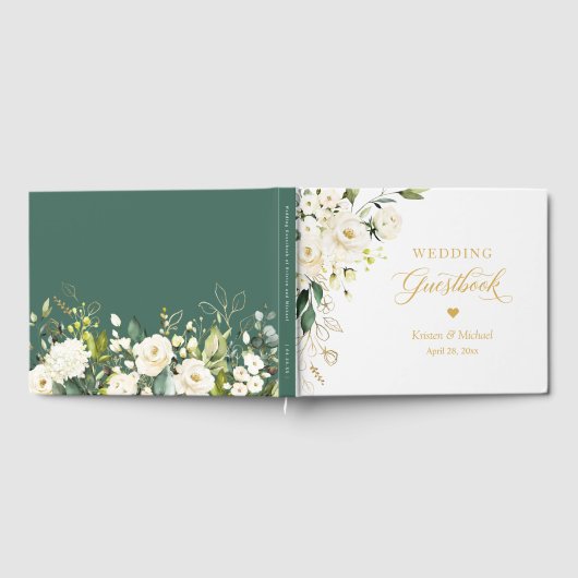 White Rose Greenery Floral Gold Text Wedding Gästebuch (Voll)