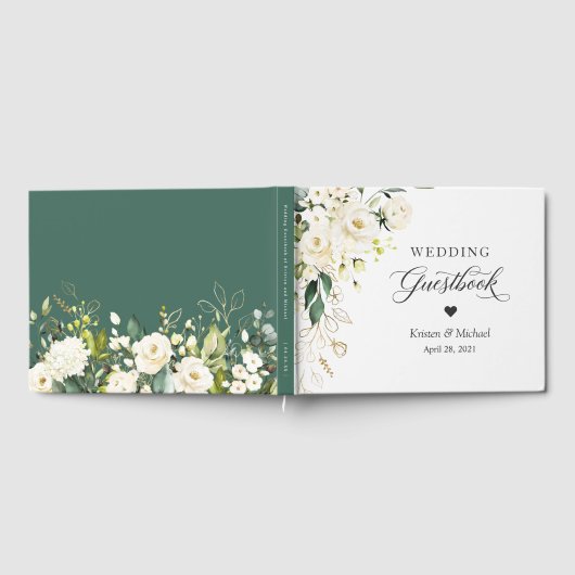 White Rose Greenery Gold Floral Wedding Gästebuch (Voll)