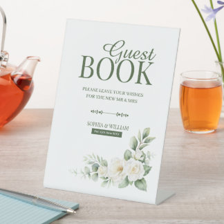 White Rose Greenery Guest Book Tabletop Sign Sockelschild