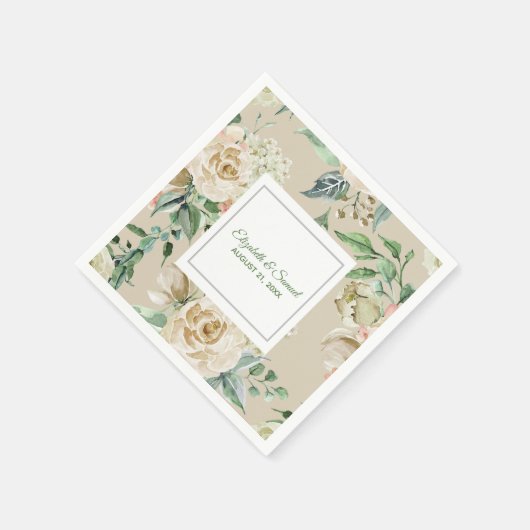 White Rose Hydrangea Beige Bride Groom Wedding Serviette (Ecke)