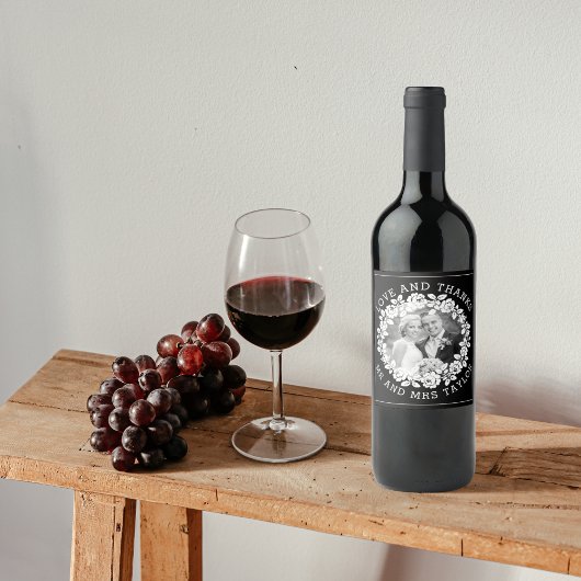 White Rose Kranz Vielen Dank Mr. & Mrs. Foto Hochz Weinetikett