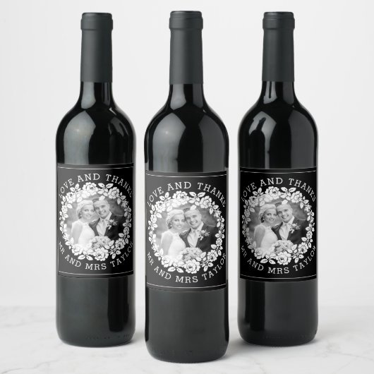 White Rose Kranz Vielen Dank Mr. & Mrs. Foto Hochz Weinetikett (Flaschen)