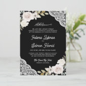White Rose Lace Black QR Code muslimische Hochzeit Einladung (Stehend Vorderseite)