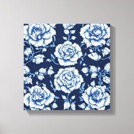White Rose Muster & Royal Blue Background Art Leinwanddruck