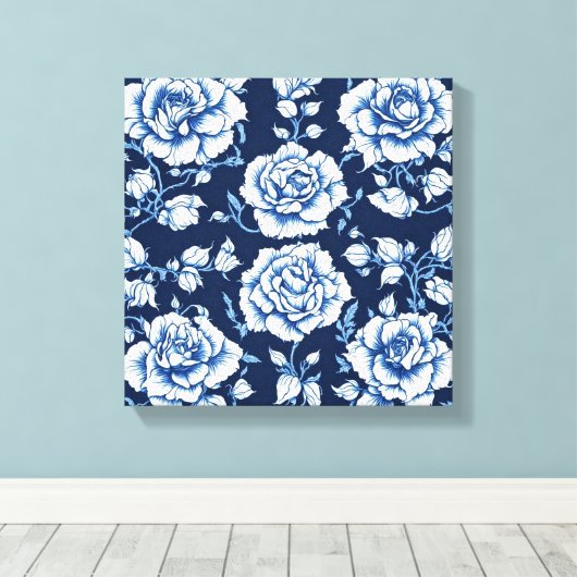 White Rose Muster & Royal Blue Background Art Leinwanddruck (Insitu (Holzboden))