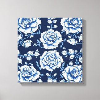 White Rose Muster & Royal Blue Background Art Leinwanddruck