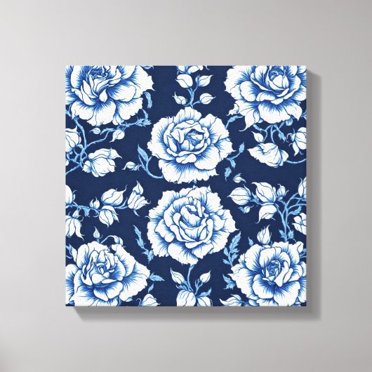 White Rose Muster & Royal Blue Background Art Leinwanddruck (Vorderseite)