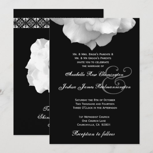 WHITE Rose Petals Wedding Einladung F200 (Vorne/Hinten)