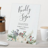 White Rose & Pine Kindly Sign Wedding Gästebuch Sockelschild (In Situ)