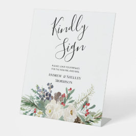 White Rose & Pine Kindly Sign Wedding Gästebuch Sockelschild