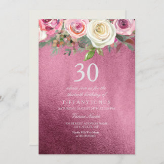 White Rose Pink Burgundy Foil 30. Geburtstag Einla Einladung
