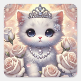 White Rose Princess Cat Quadratischer Aufkleber